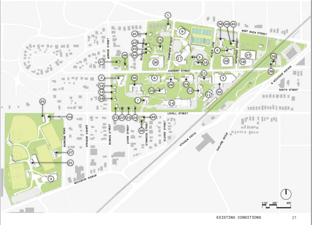 Campus map with buildings identified by number found in table above.