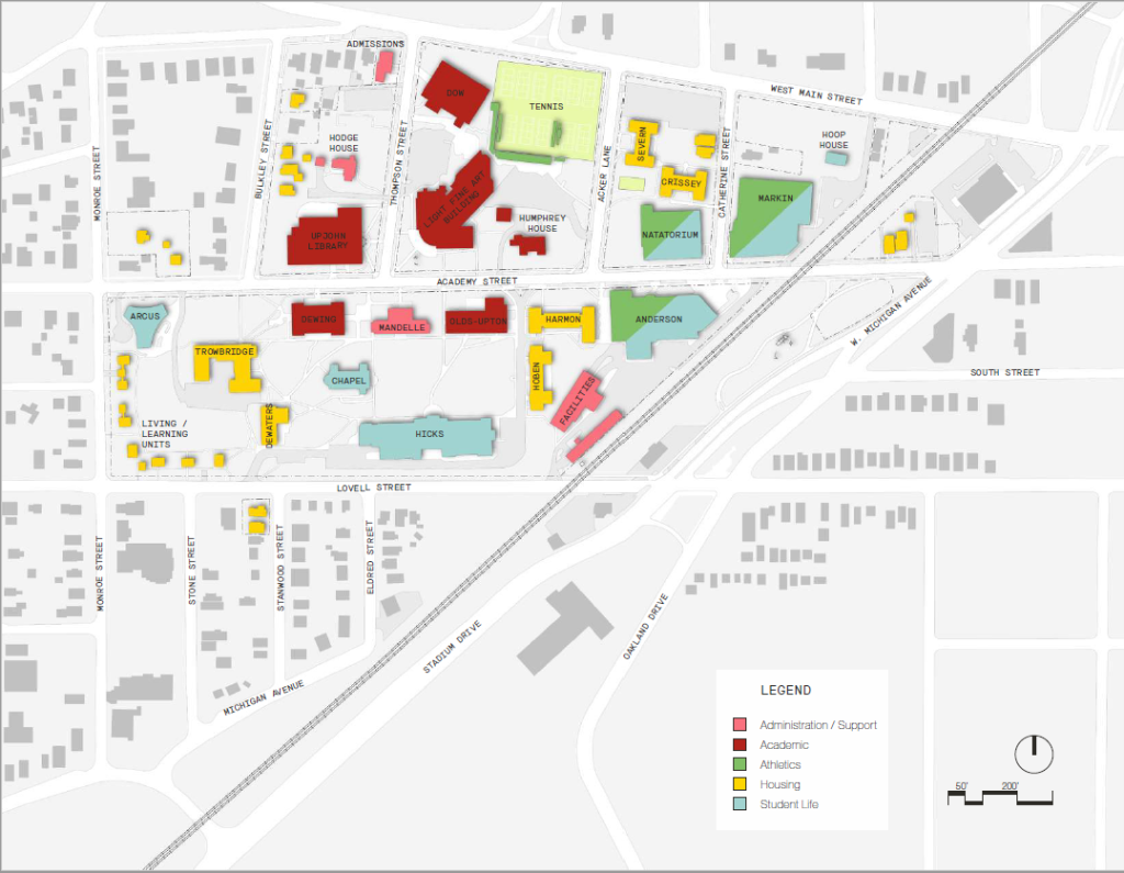 Campus map indicating build use by color: Administration/Support; Academic; Athletics; Housing; and Student life 