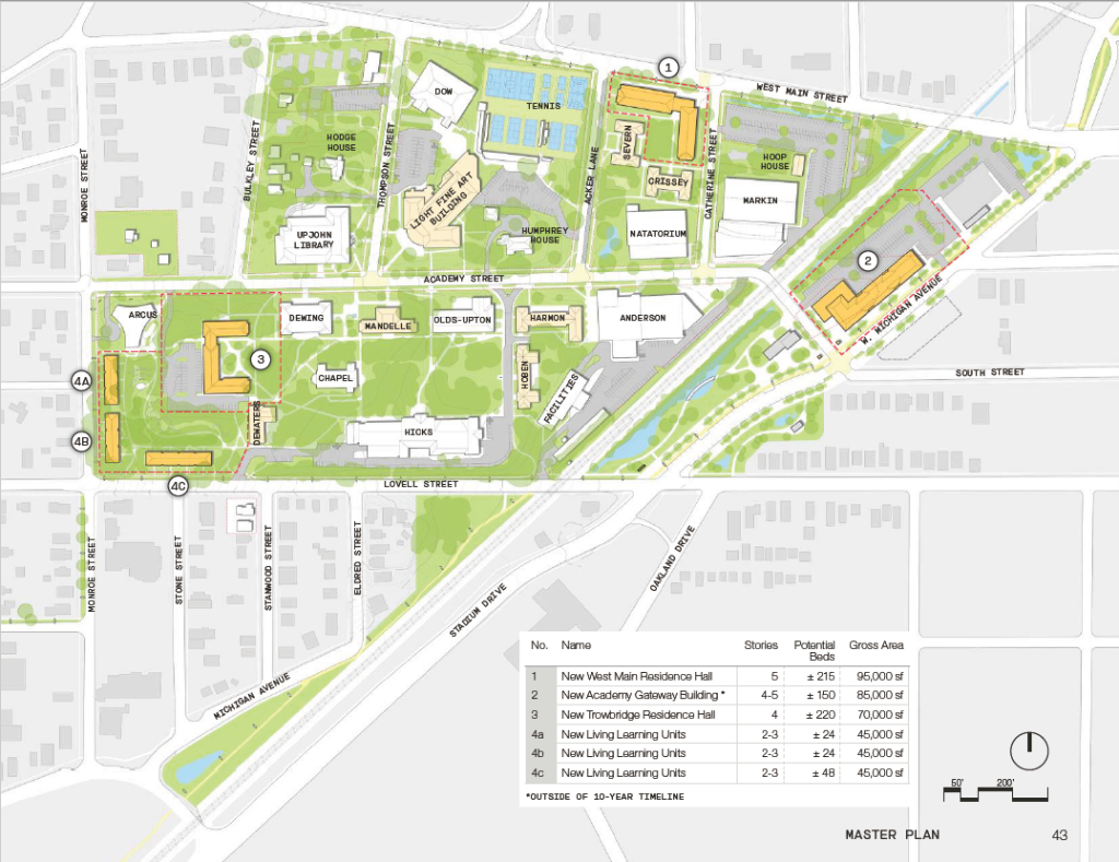 Campus Map indicating location of five new housing buildings, described below.