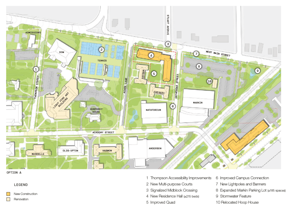 North Campus map, showing new construction (new residence hall) and renovations (Light Fine Arts, Mandelle, Harmon, Severn, Crissey, and a relocated hoop house).