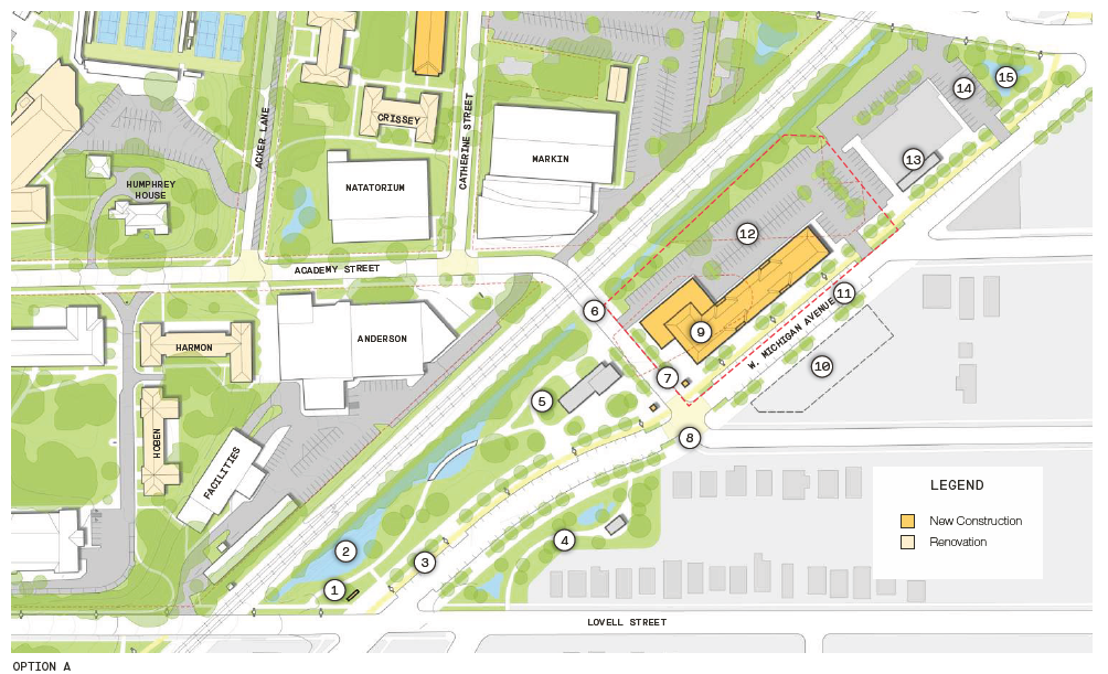 Academy Street Gateway section of campus map (Academy at Stadium). Option A. 15 numbered locations, described below.