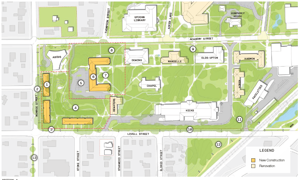 Campus core section of campus map. Showing 13 numbered items described below. New construction (living learning units and new Trowbridge) is highlighted. Renovations highlighted include DeWaters, Mandelle, Hoben, Harmon.