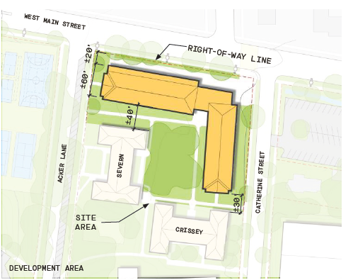 Arial diagram of new residence hall, showing 20 ft setback from West Main Right of way line, 60 foot building footprint, 40 ft clearance to Severn and 30 ft  clearance to Crissy