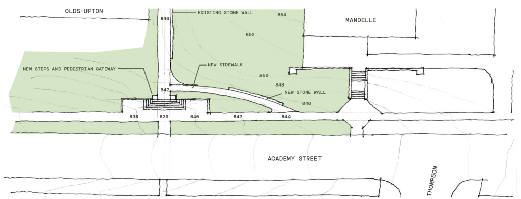 Diagram illustrating arial view of new steps and pedestrian gateway, a new curved sidewalk, and a new stone wall