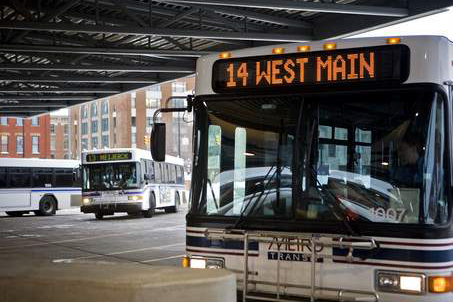 Number 14 West Main public transit bus at downtown Kalamazoo terminal