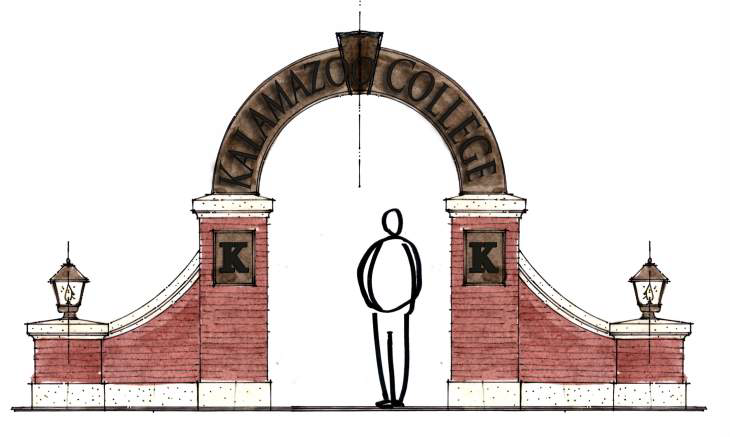 Illustration of pedestrian gateway arch of stone, brick and iron spelling out Kalamazoo College