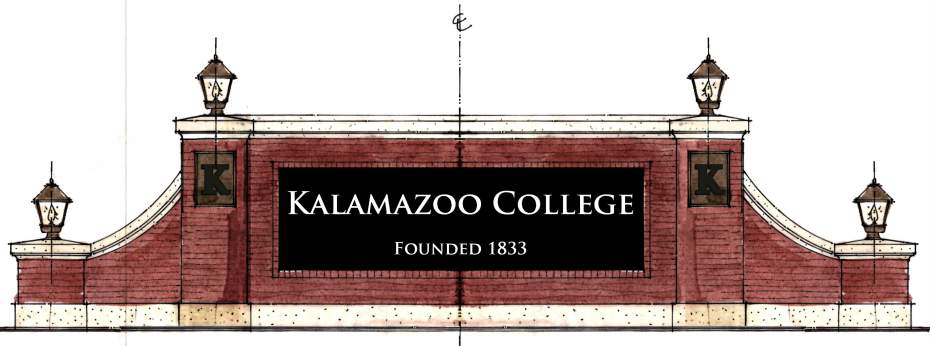 Brick and stone gateway with lamps and sign reading Kalamazoo College Founded 1833