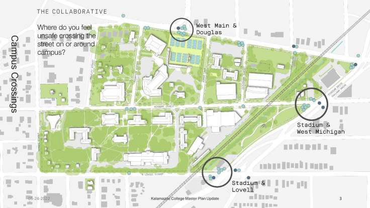 Map of campus with unsafe crossing areas highlighted