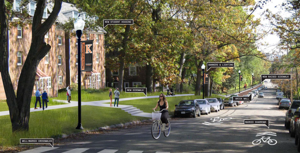 Proposed view of the same scene, with new student housing on the left in the same architectural style as the existing grove houses, a new sidewalk between the housing and the street, well marked crosswalks, a new brick-clad raised sidewalk along the lower (east) section of Lovell, and  marked "sharrows" - street markings to indicated bike and vehicular road sharing.