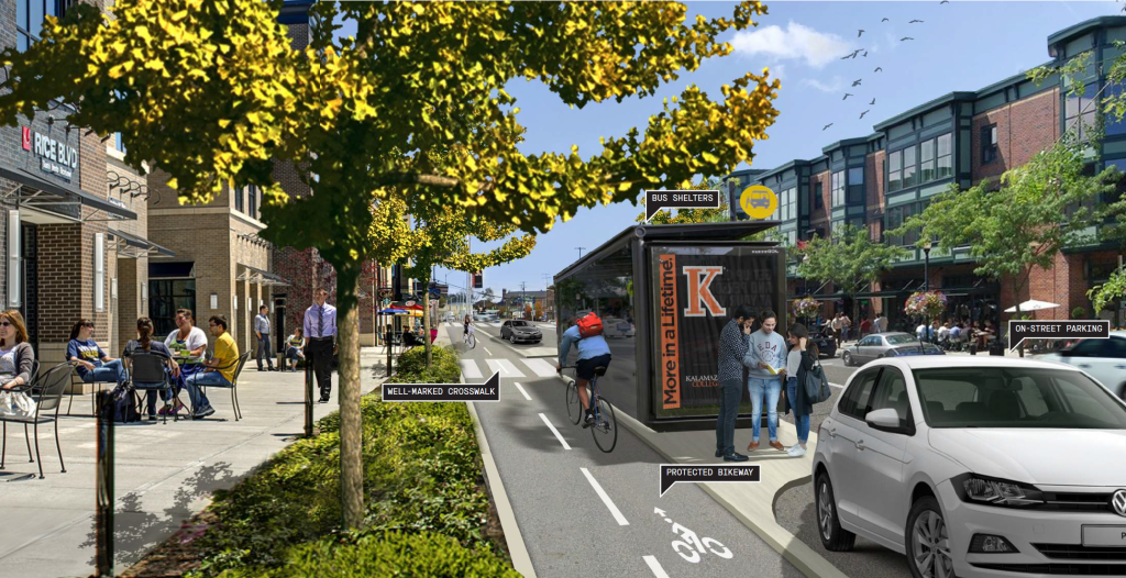 A proposed street scene with a building with an active groundfloor, plaza and seating, stormwater plantings, bus shelters, a well-marked crosswalk, a protected bikeway, and on-street parking.