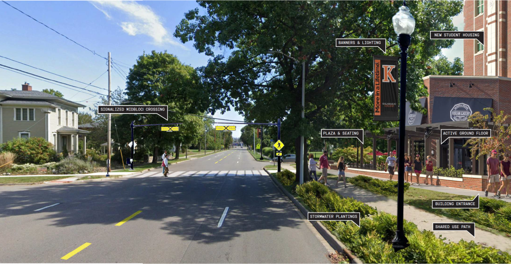 Proposed view of same stretch with a signalized midblock crossing across West Michigan to a new student housing building with an active ground floor. A restaurant with plaza and seating and the building entrance. A shared use path separate from the sidewalk in front of the building. Several .students are shown using the space. 