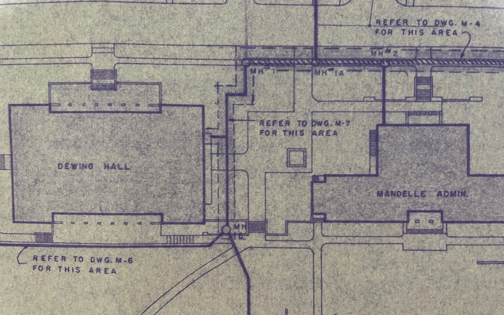 Blueprint of campus steam system illustrating the steam line traveling up Academy street, turning 90 degrees at Red Square and vault at south end.