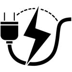 Black & white clipart image of an electrical plug and lighting bolt